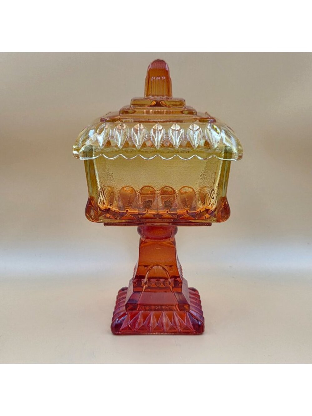 Jeannette Wedding Amberina Glass Large Covered Bowl Lid Pedestal Vintage